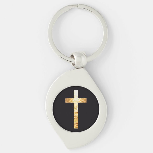 Porte-clés métallique à croix simple noir et or (Devant)