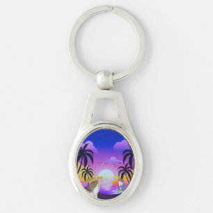 Porte-clés métallique coucher de soleil tropical