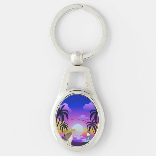 Porte-clés métallique coucher de soleil tropical (Devant)