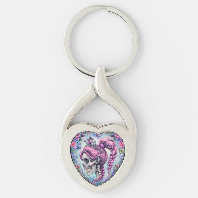 Porte-clés métallique crâne de princesse jolie (Devant)