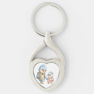Porte-clés métallique en forme de cœur avec oiseau