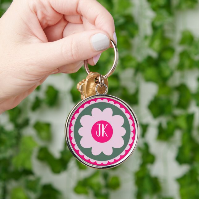 Porte-clés métallique rond floral rose (Main)