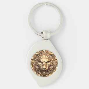 Porte-clés métallique tête de lion doré rugissant