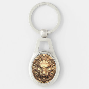 Porte-clés métallique tête de lion doré rugissant