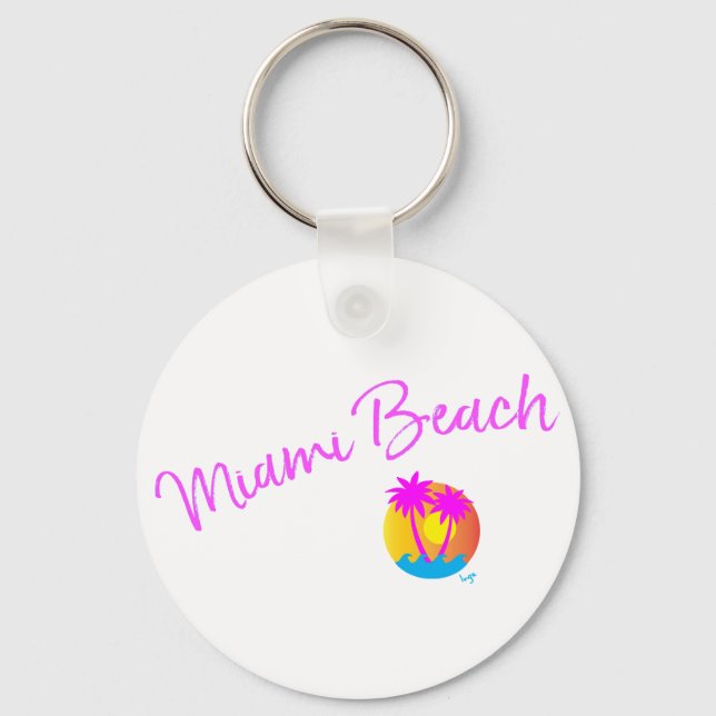 Porte-clés Miami-Beach-logo-soleil-palmiers-rose (Recto)