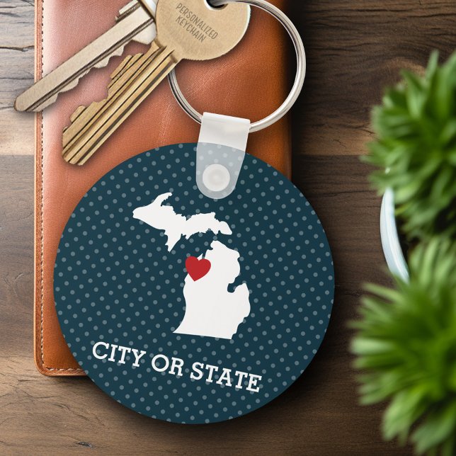 Porte-clés Michigan Home State City Map - Custom Heart (Personalized Keychain - Michigan)
