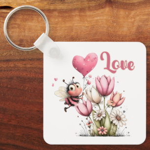 Porte-clés Mignon amour de coeur ballon abeille fleurs printa