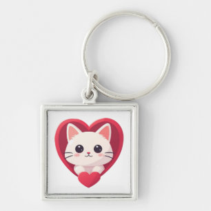 Porte-clés Mignon Chat Blanc avec Design de Kawaii Kitty Love