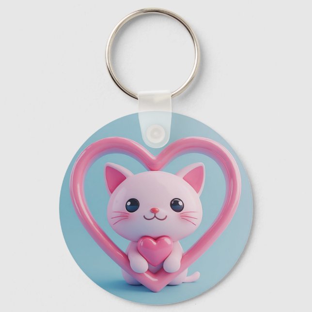 Porte-clés Mignon Chat Blanc avec Design Kawaii Kitty Love (Recto)