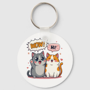 Porte-clés mignon chat Kawaii disant Wow et Salut