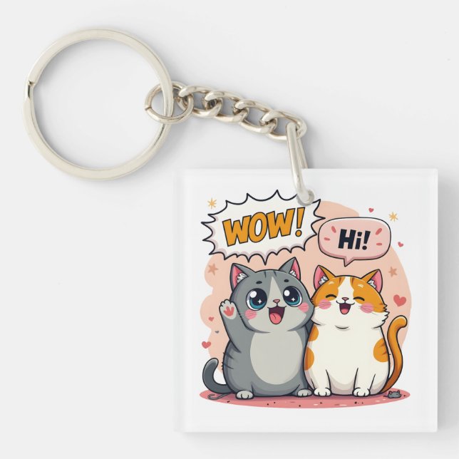 Porte-clés mignon chat Kawaii disant Wow et Salut (Devant)