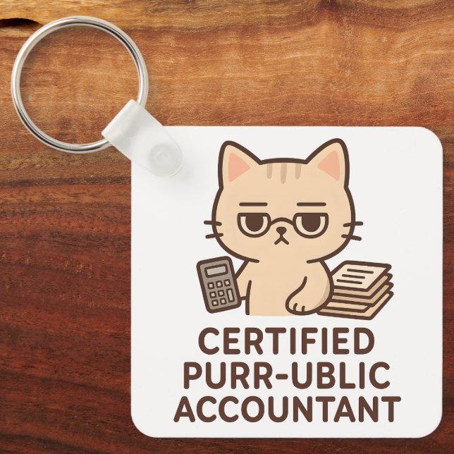 Porte-clés Mignon Chat Kawaii Expert-Comptable Certifié Drôle (Recto)