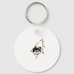 Porte-clés Mignon Chat Noir qui Regarde par une Plaque de Pap