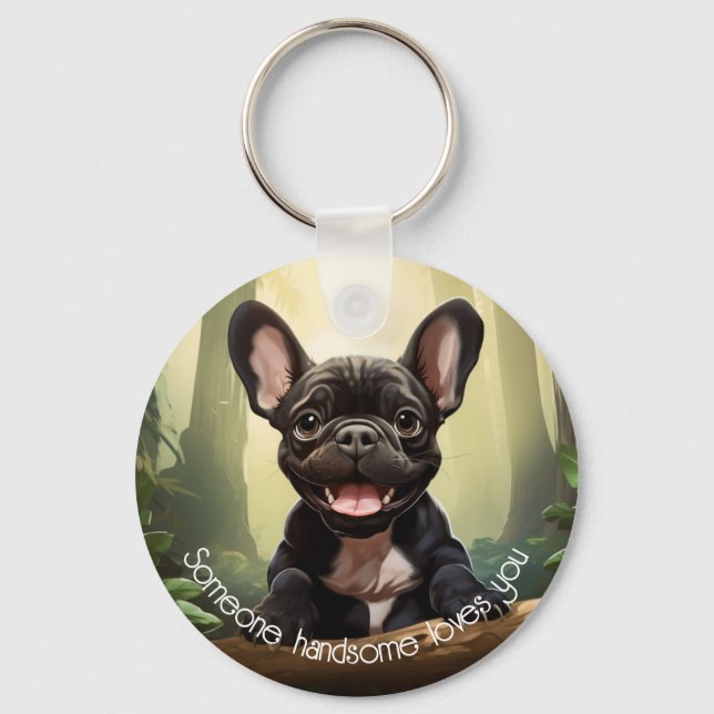 Porte-clés 😍Mignon chiot Frenchie dans une forêt (Recto)