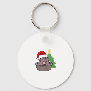Porte-clés mignon hippopotamus Moo Deng portant Père Noël hut