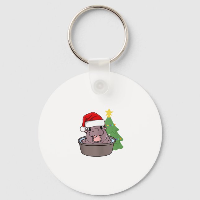 Porte-clés mignon hippopotamus Moo Deng portant Père Noël hut (Recto)