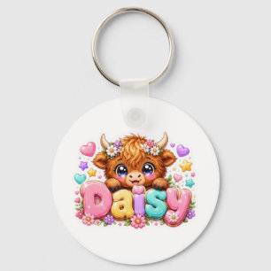 Porte-clés Mignon Kawaii Daisy Highland Cow Nom Rose Pastel F
