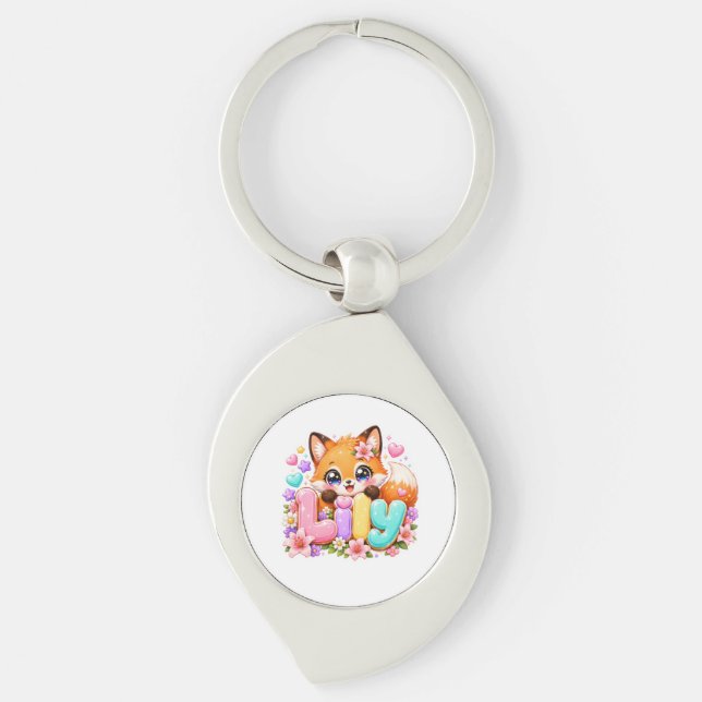 Porte-clés Mignon Lily Fox Nom Pastel Rose Floral Bois (Devant)