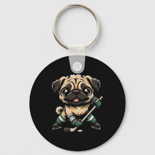 Porte-clés Mignon Pug Jouant au Hockey sur Glace Design Homme