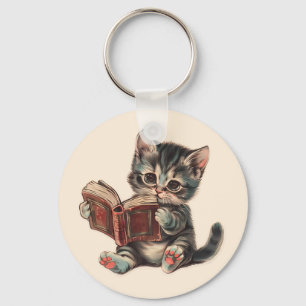 Porte-clés Mignonne chat lecture livre enfants rétro illustra