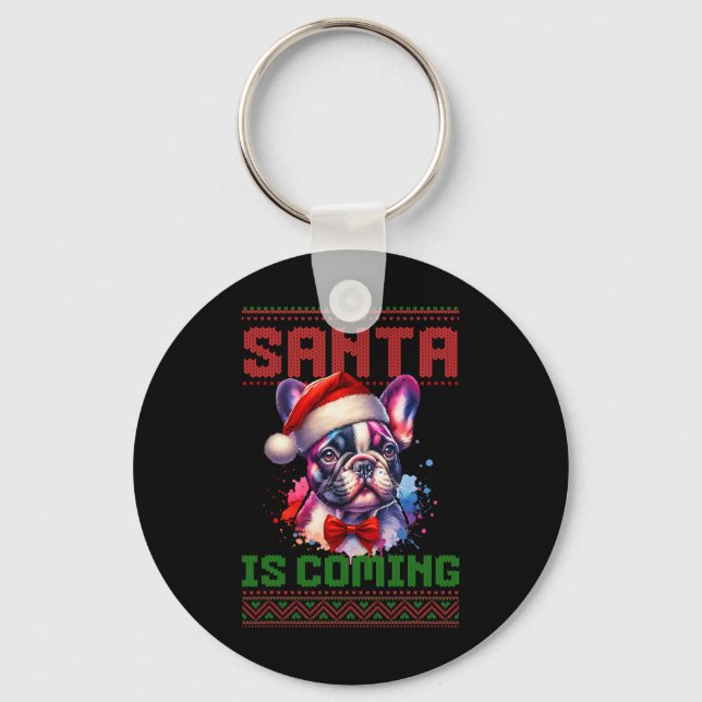 Porte-clés Mignonne Chien de taureau Français Santa Hat Vacan (Recto)