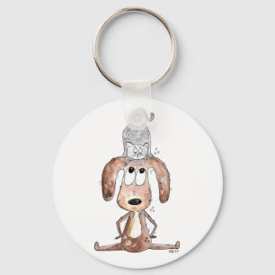 Porte-clés Mignonne chien Whimsical avec chat sur sa tête