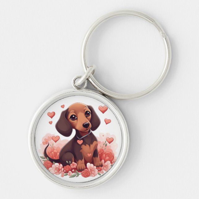 Porte-clés Mignonne chiot Dachshund avec le coeur (Devant)