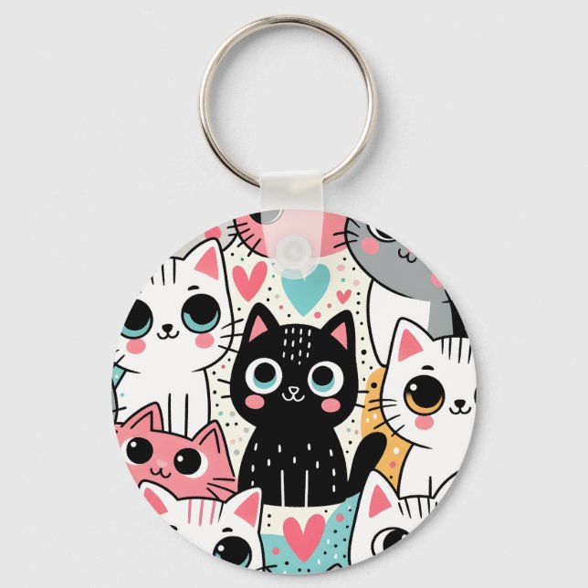 Porte-clés Mignons visages de chat Kawaii et cœurs fantaisist (Recto)