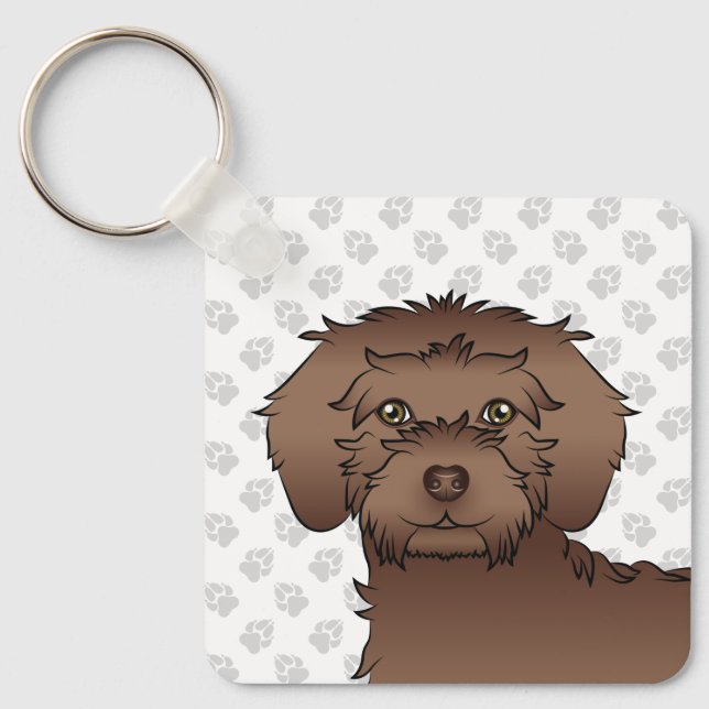 Porte-clés Mini Goldendoodle marron de dessin animé & nom (Recto)