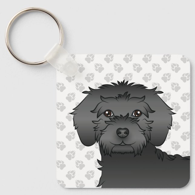 Porte-clés Mini Goldendoodle noir de dessin animé & nom (Recto)