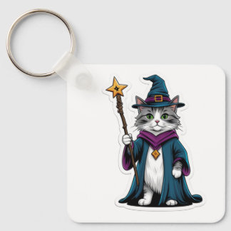 Porte-clés Mini sorcier chat avec bâton magique