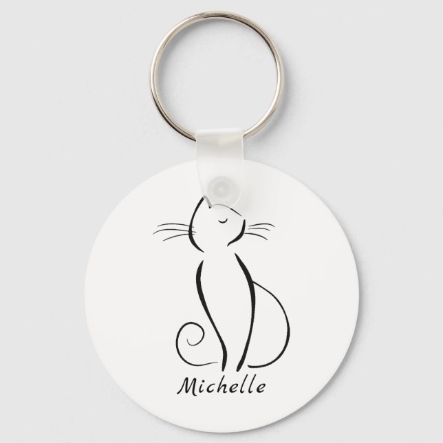 Porte-clés Minimalist black cat on white add name (Recto)