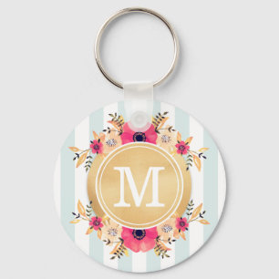 Porte-clés Mint Stripes Aquarelle Fleurs Faux Gold Monogramme