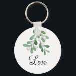 Porte-clés Mistletoe Love Keychain<br><div class="desc">This romantic key chain is decorated with watercolor mistletoe leaves and berries.
Easily customizable.
Use the Design Tool to change the text size,  style,  or color.
As we create our artwork you won't find this exact image from other designers.
Original Watercolor © Michele Davies.</div>
