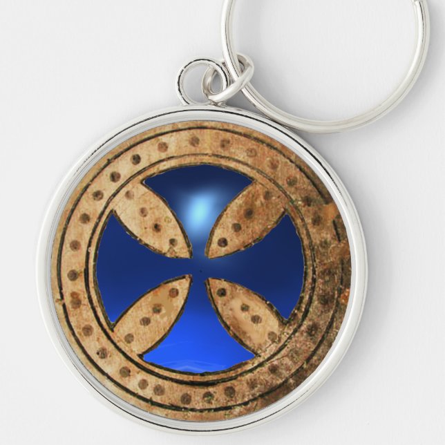 Porte-clés MODÈLE ANTIQUE CROSS Blue Sapphire Gem (Devant)
