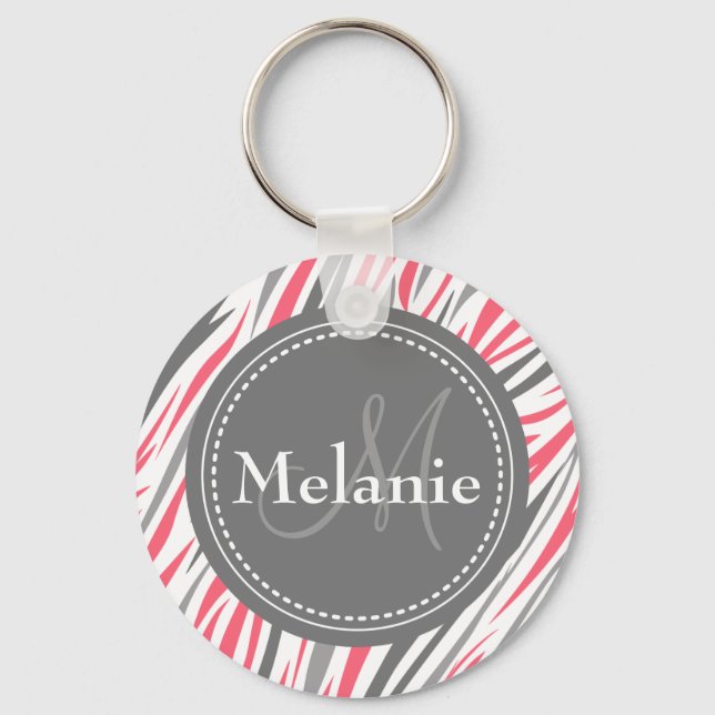 Porte-clés Modèle de zèbre rose et gris monogramme (Recto)