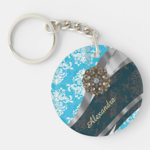 Porte-clés Modèle personnalisé bleu pâle joli girly damassé