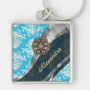 Porte-clés Modèle personnalisé bleu pâle joli girly damassé