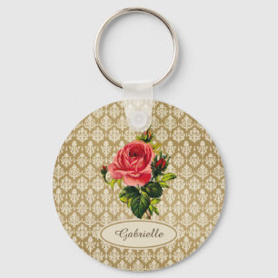 Porte-clés Modèle vintage or Damask Rose rose et nom