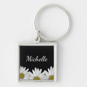 Porte-clés Modern Daisies Floral Rustic Black White