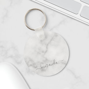 Porte-clés Modern Script Personalized Name White Marble