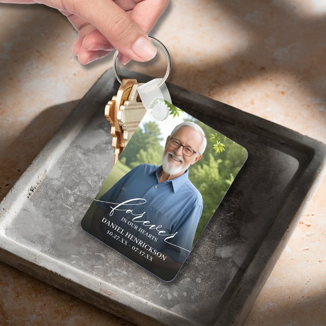 Porte-clés Modern Script Photo Memorial Forever in our Hearts (Modern script Forever in Our Hearts photo memorial double-sided keychain)