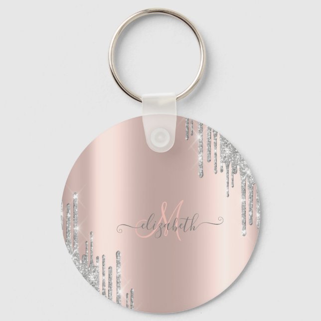 Porte-clés Modern Silver Glitter Drips Rose Gold Monogram   (Recto)