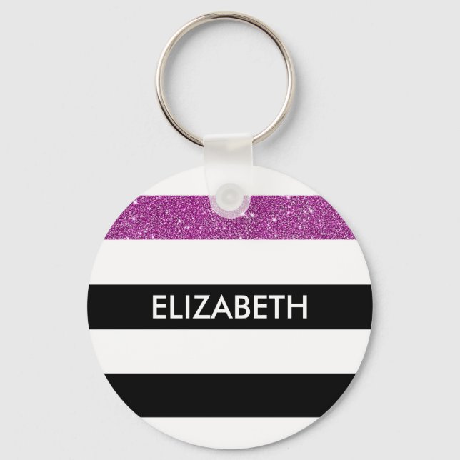 Porte-clés Moderne Black Stripes FAUX Purple Glitz et nom (Recto)
