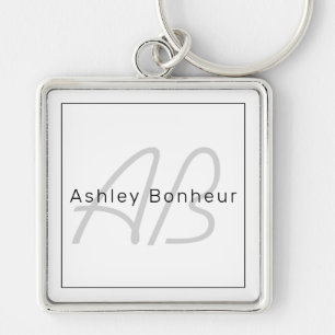 Porte-clés Moderne Blanc Gris & Noir Nom Cool & Monogramme