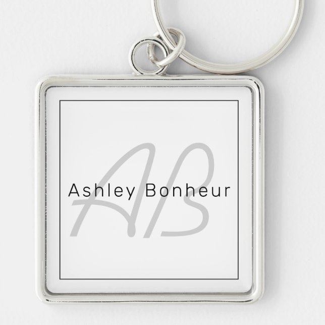 Porte-clés Moderne Blanc Gris & Noir | Nom Cool & Monogramme (Devant)