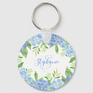 Porte-clés Moderne Floral bleu Hydrangée Aquarelle Monogramme