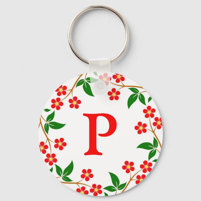 Porte-clés Moderne Joli Rouge Floral Blanc Monogramme (Recto)