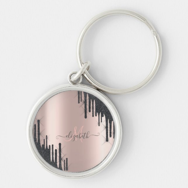 Porte-clés Moderne Monogramme Rose Gold à Coulures de Paillet (Devant)