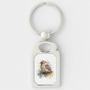 Porte-clés Moineau à l'aquarelle rustique